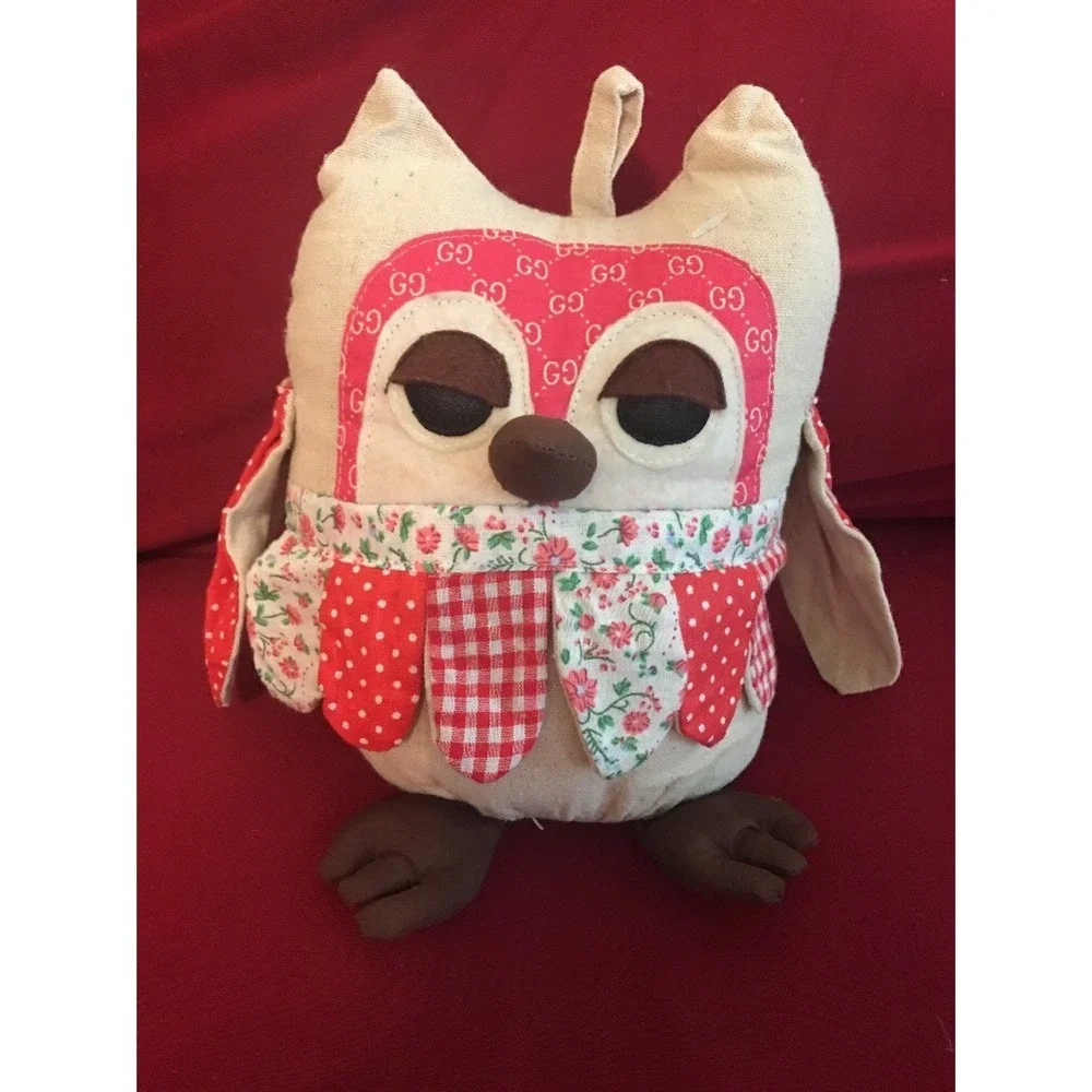 Handmade Owl Doorstop Plush Red Gingham Polka Dot Floral GG Print Decorative